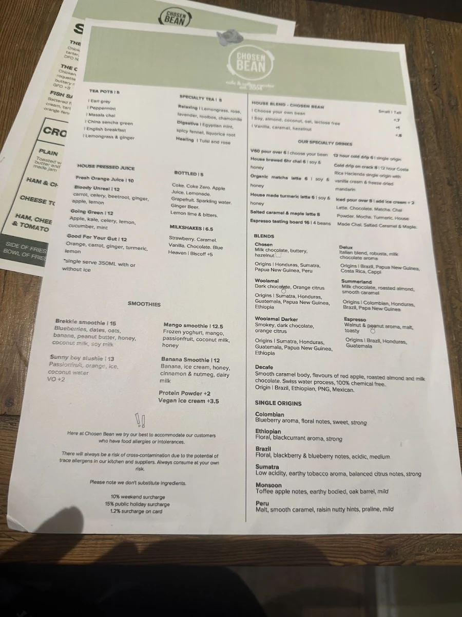 Menu, Chosen Bean Cafe & Coffee Roasters