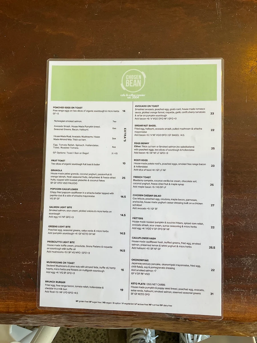 Menu, Chosen Bean Cafe & Coffee Roasters