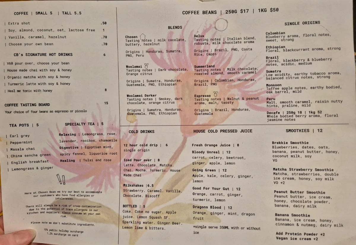 Menu, Chosen Bean Cafe & Coffee Roasters