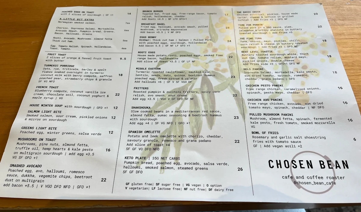 Menu, Chosen Bean Cafe & Coffee Roasters