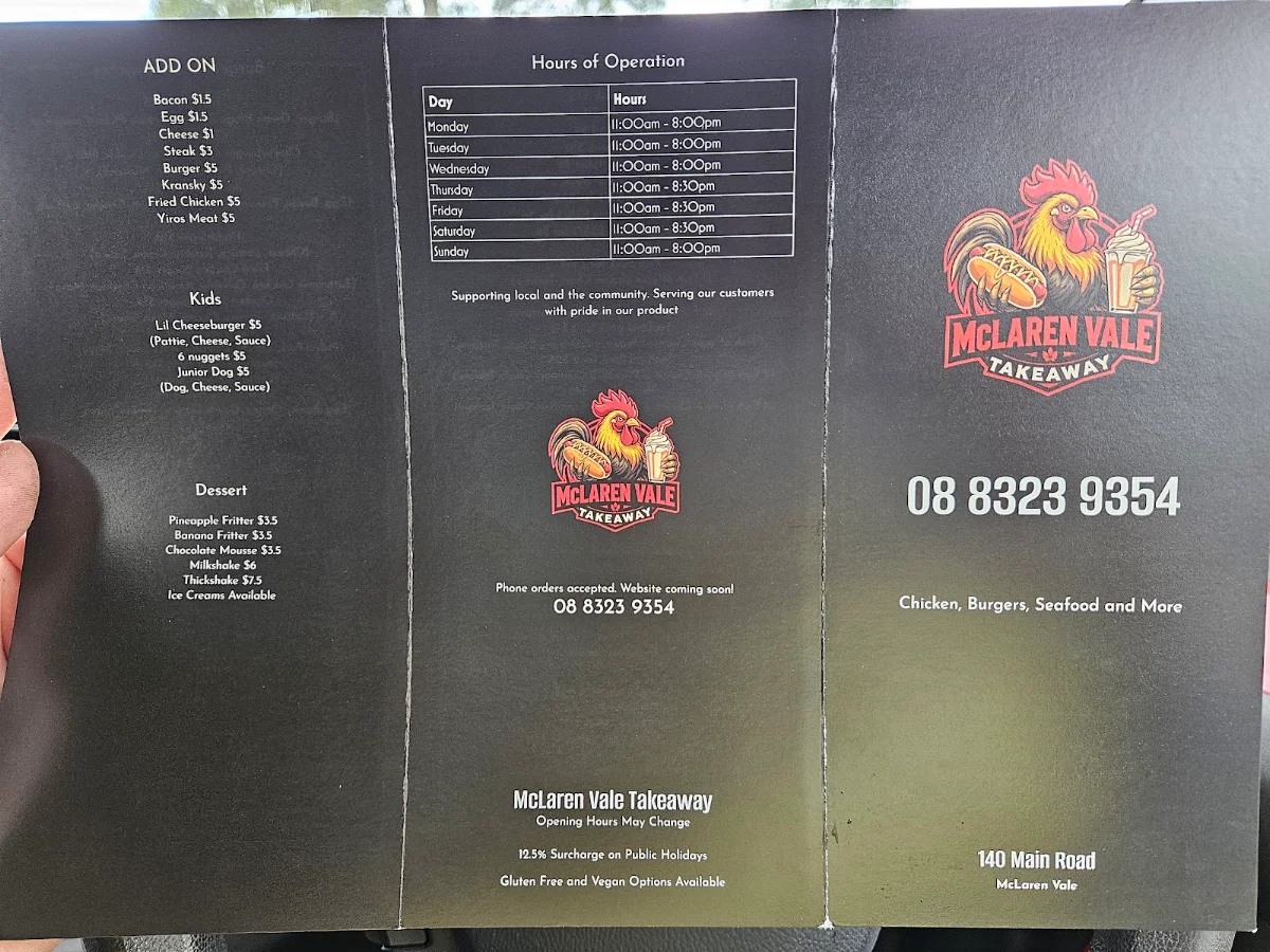 Menu, McLaren Vale Takeaway