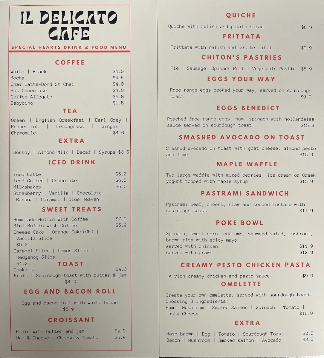 Menu, IL Delicato Cafe
