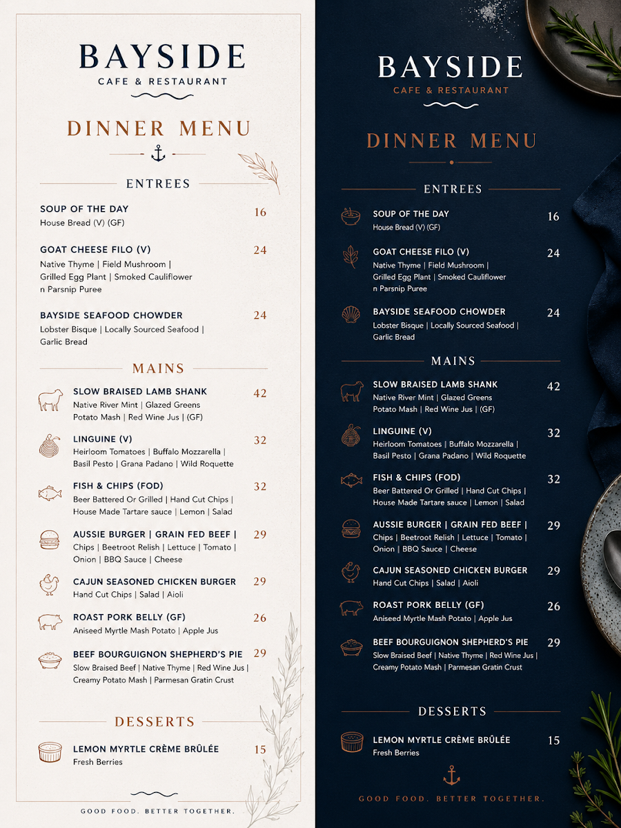 Menu, BaySide by Chef Michael