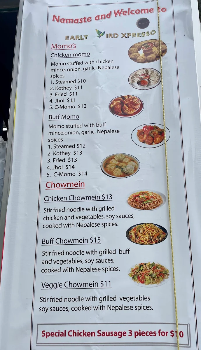 Menu, Early Bird Xpresso (nepalese food truck)