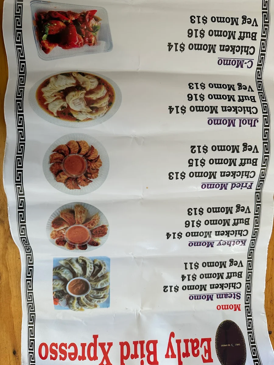 Menu, Early Bird Xpresso (nepalese food truck)
