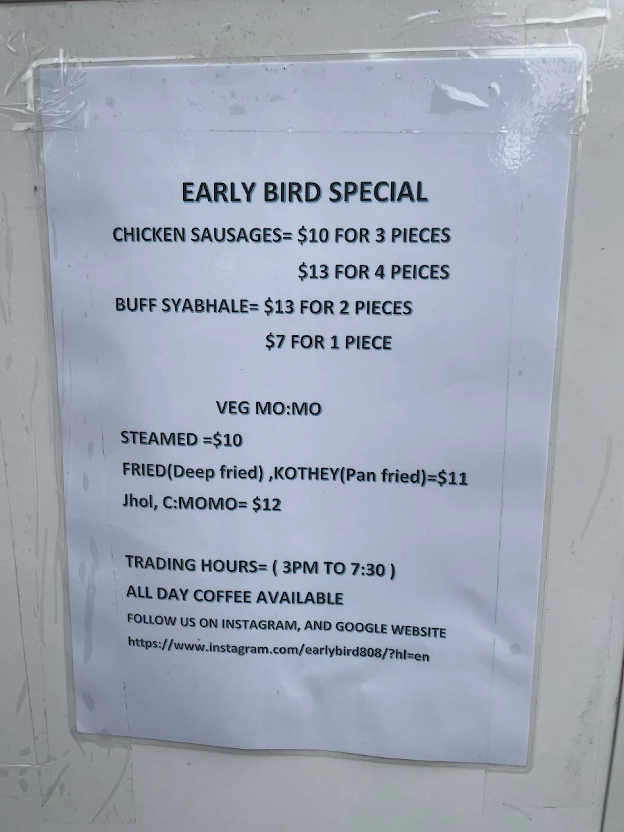 Menu, Early Bird Xpresso (nepalese food truck)