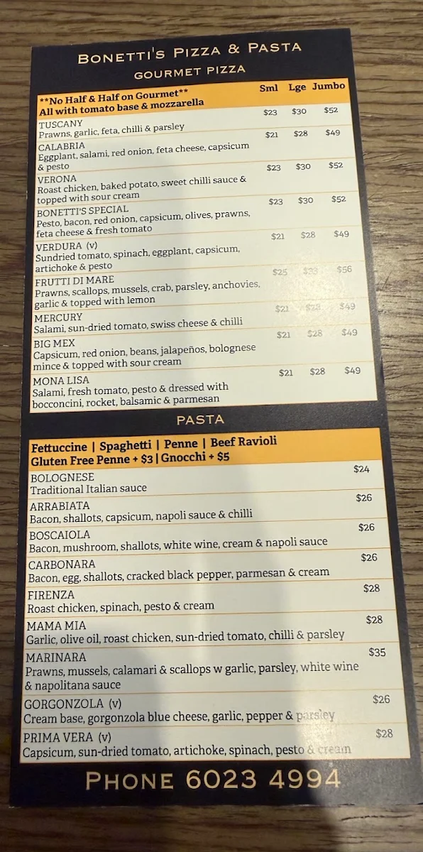 Menu, Bonetti's Pizza & Pasta