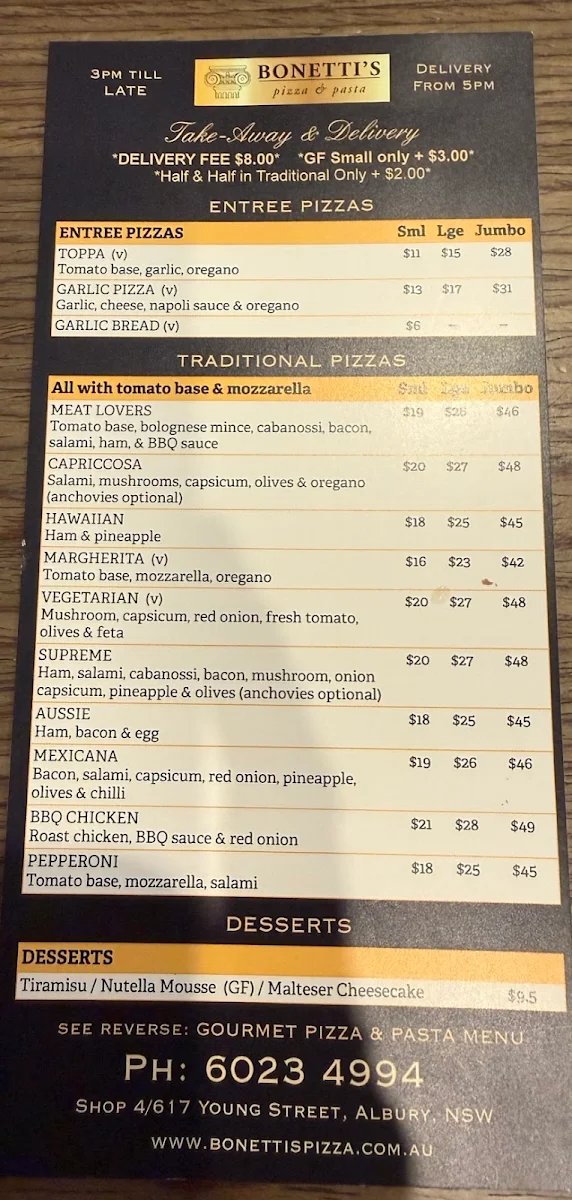 Menu, Bonetti's Pizza & Pasta