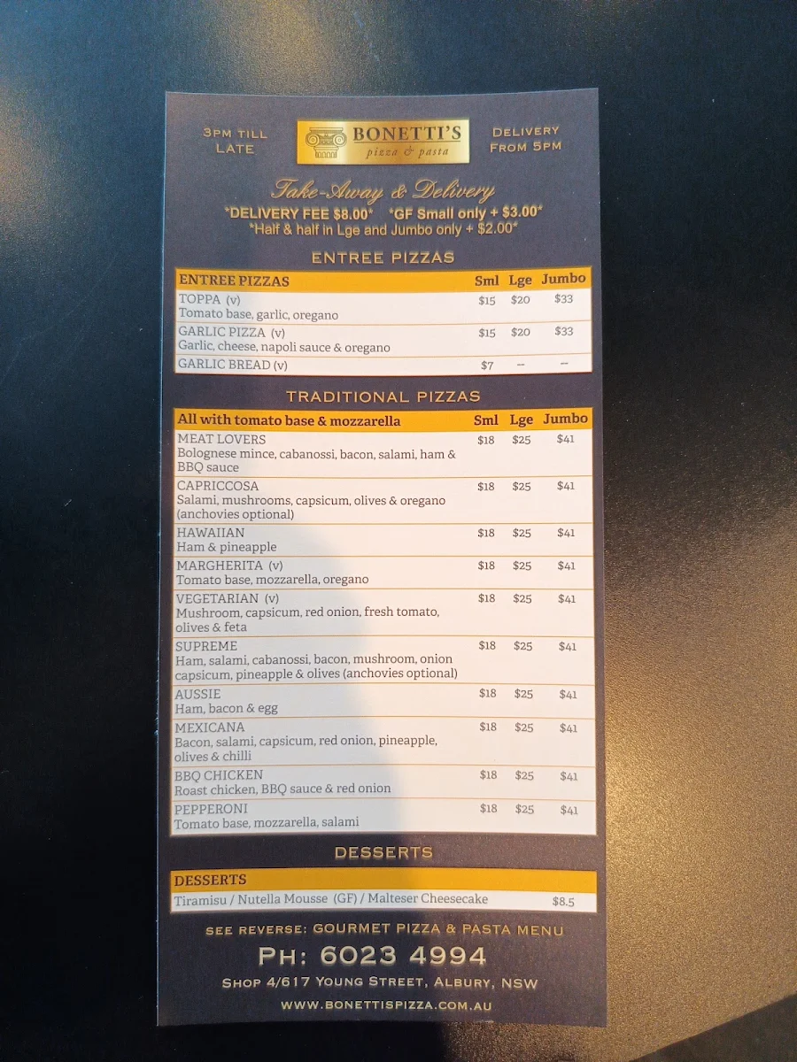 Menu, Bonetti's Pizza & Pasta