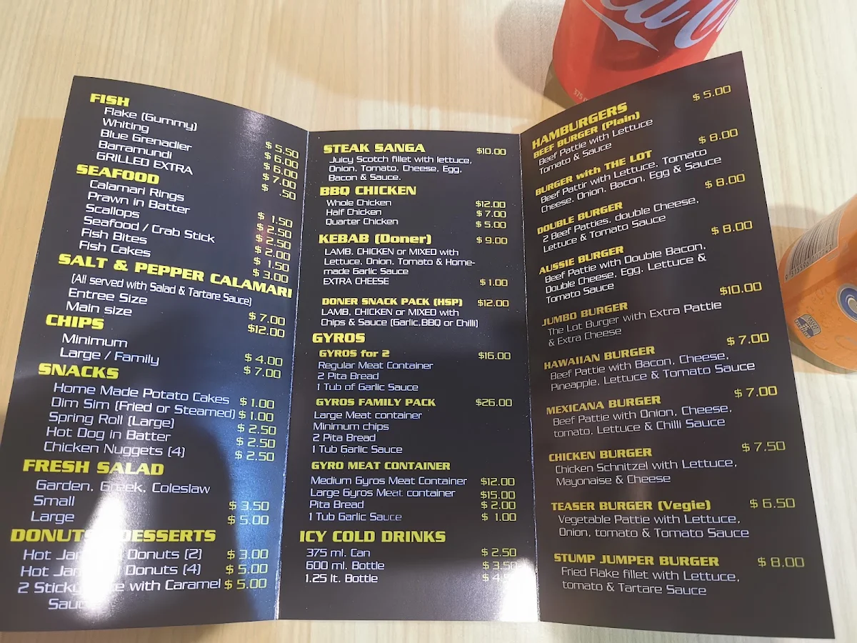 Menu, Rana's Fish and Chips