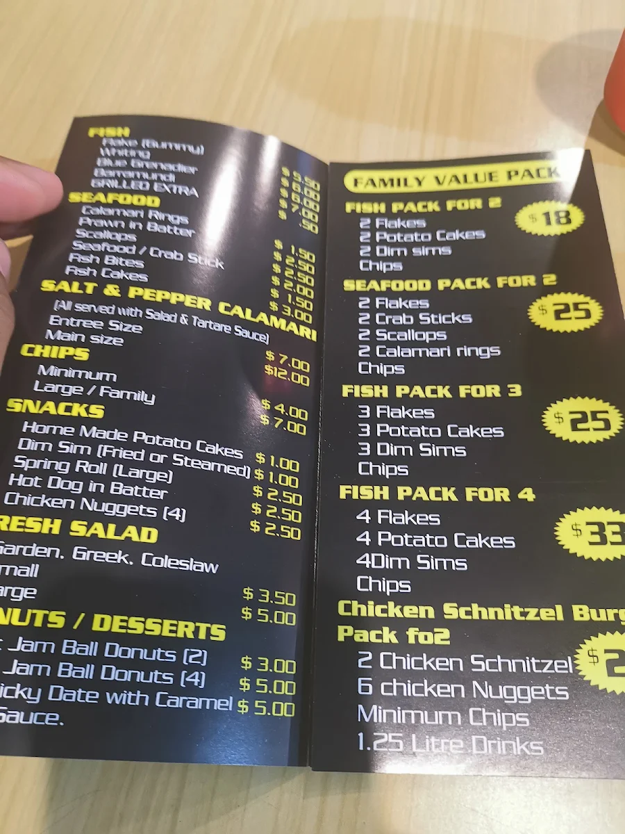 Menu, Rana's Fish and Chips