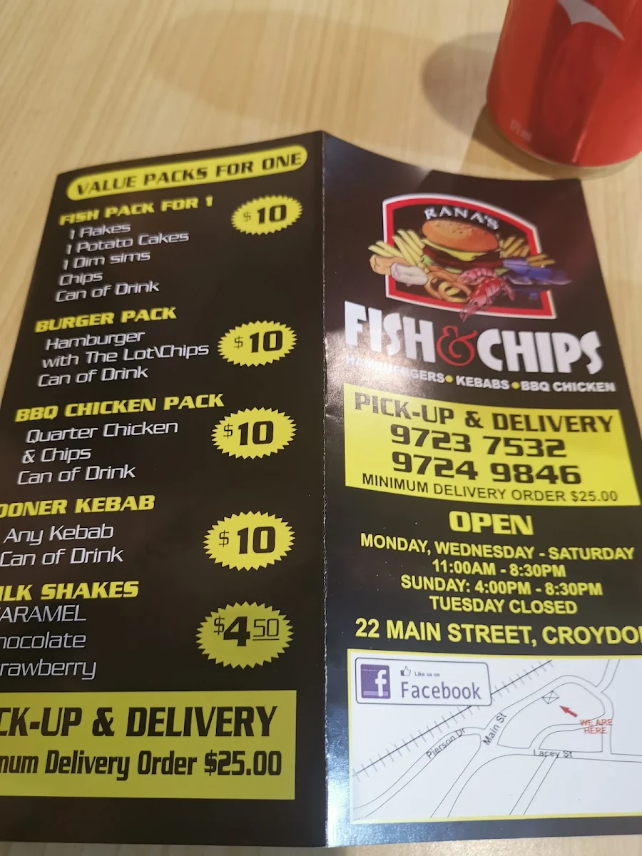 Menu, Rana's Fish and Chips
