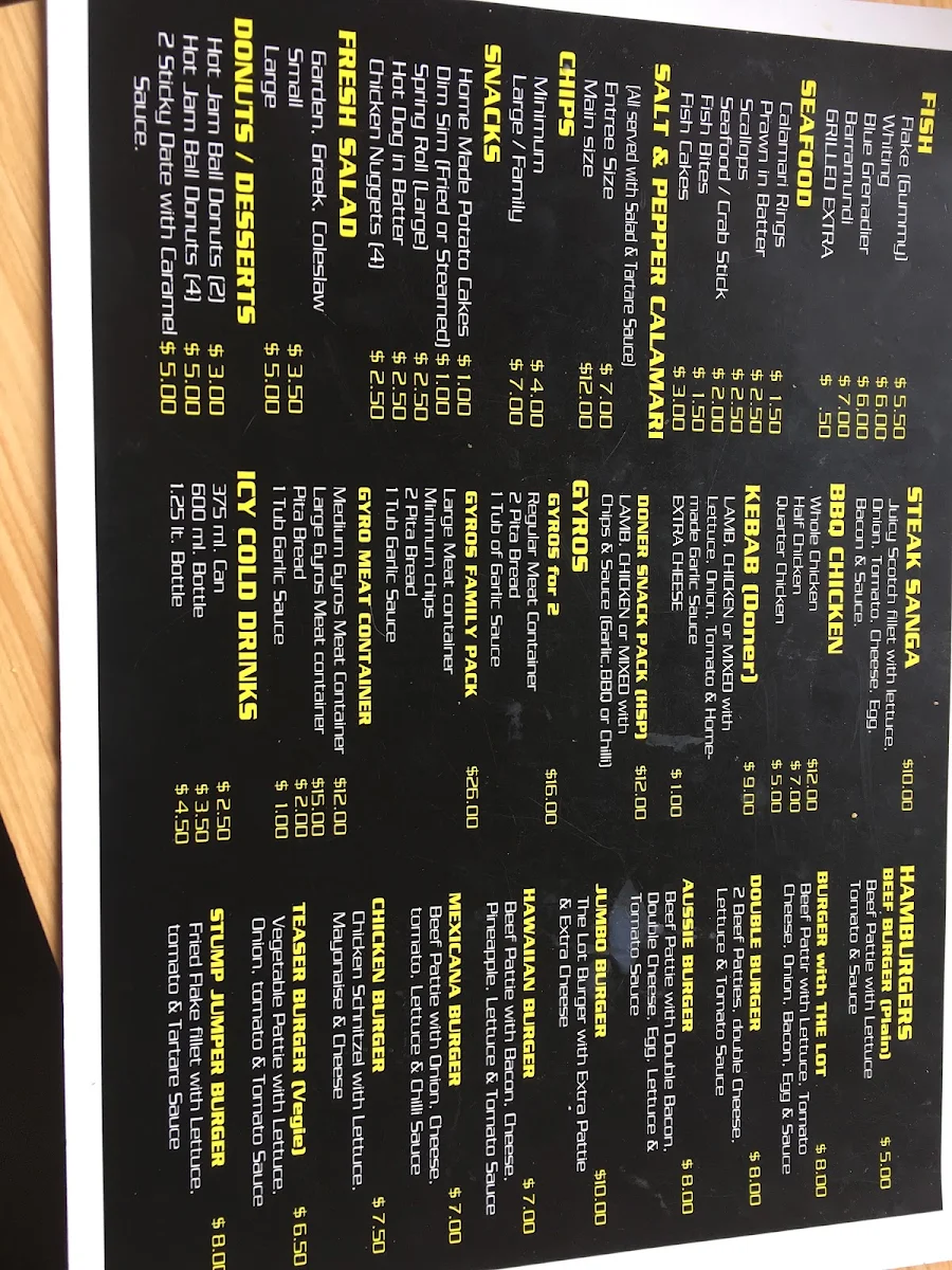 Menu, Rana's Fish and Chips
