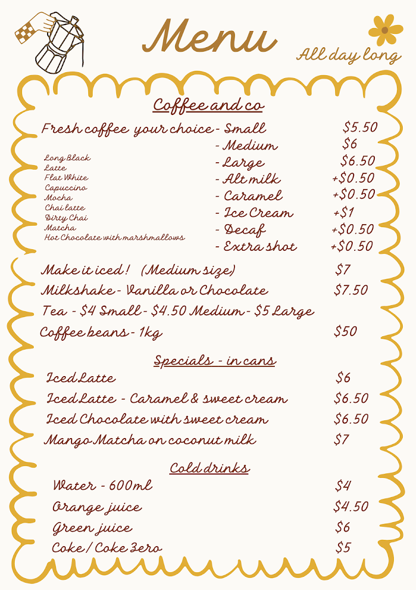 Menu, Bonjour Mate Patisserie
