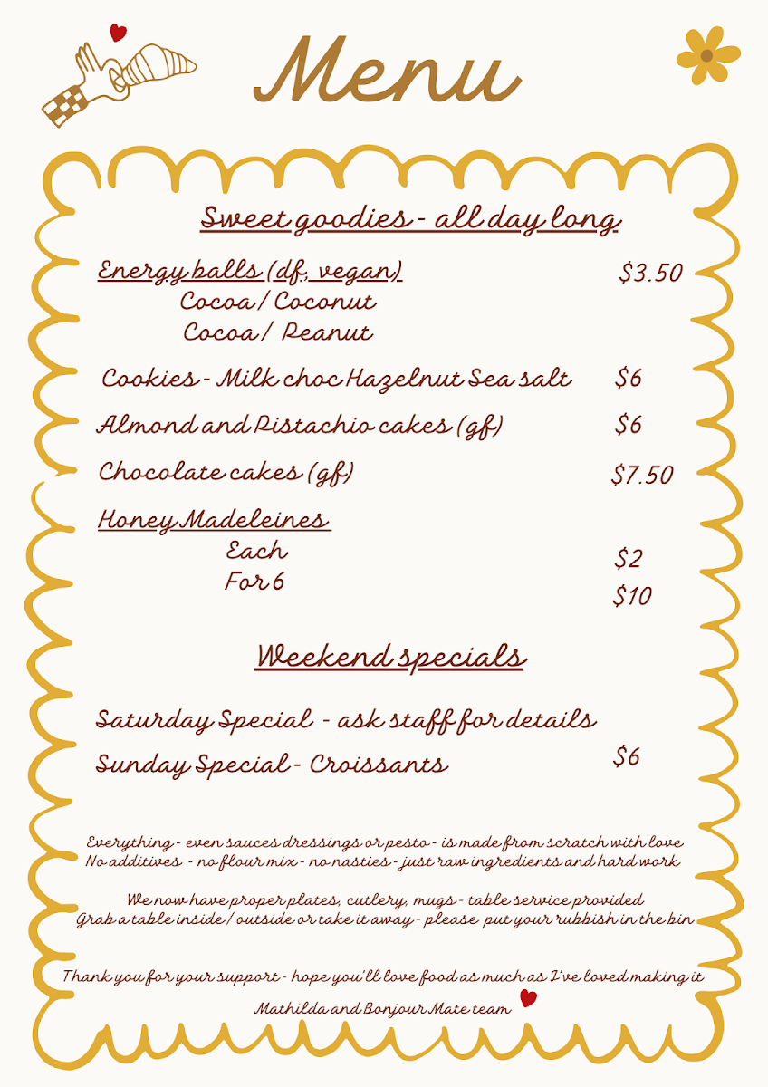 Menu, Bonjour Mate Patisserie