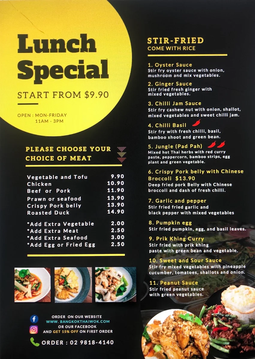 Menu, Bangkok Thai Wok