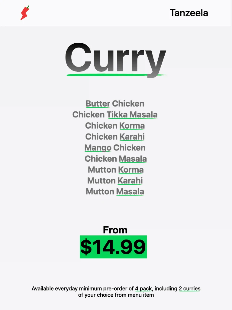 Menu, Tanzeela Foods