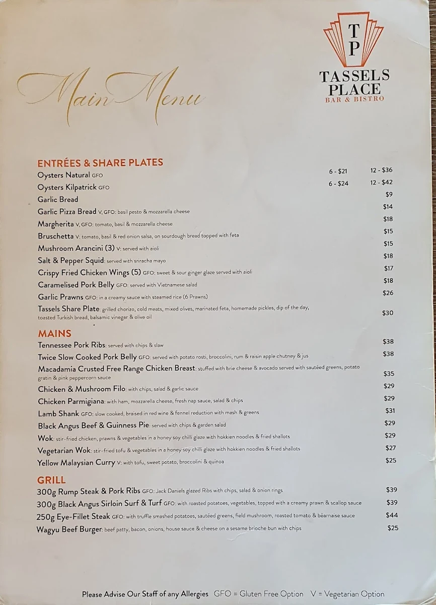 Menu, Tassels Place Bar and Bistro