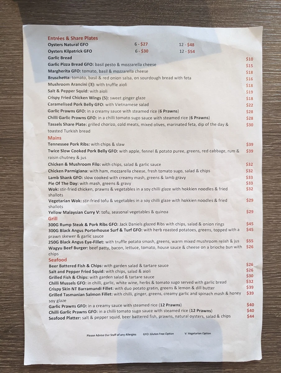 Menu, Tassels Place Bar and Bistro
