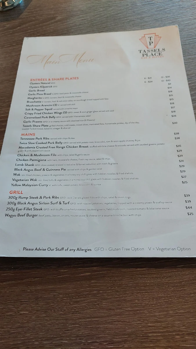 Menu, Tassels Place Bar and Bistro