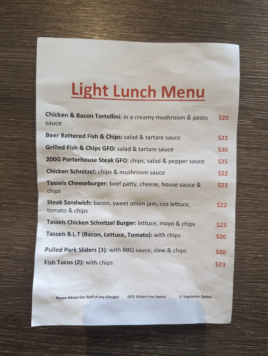 Menu, Tassels Place Bar and Bistro