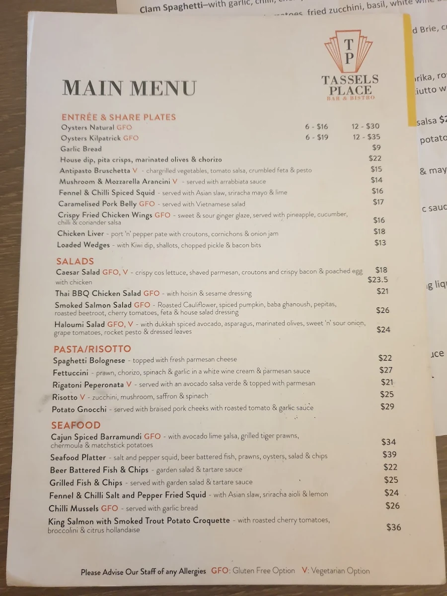 Menu, Tassels Place Bar and Bistro