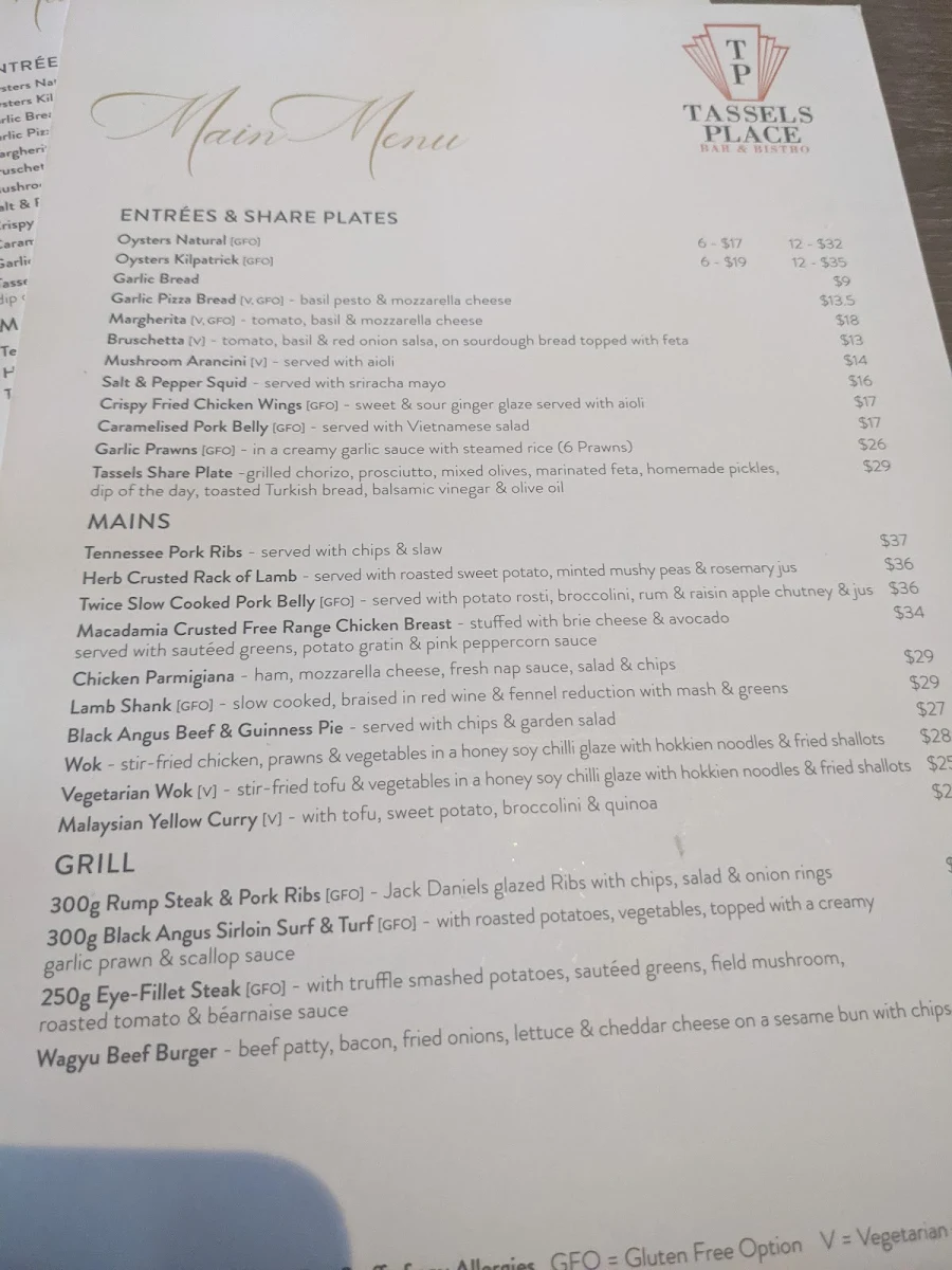 Menu, Tassels Place Bar and Bistro