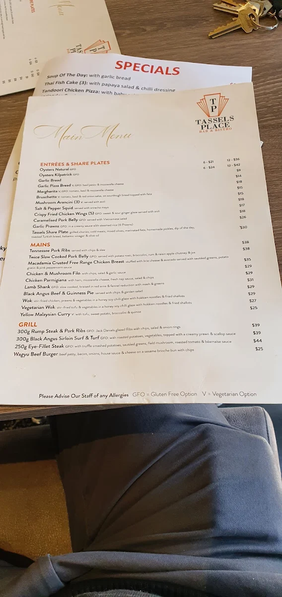 Menu, Tassels Place Bar and Bistro