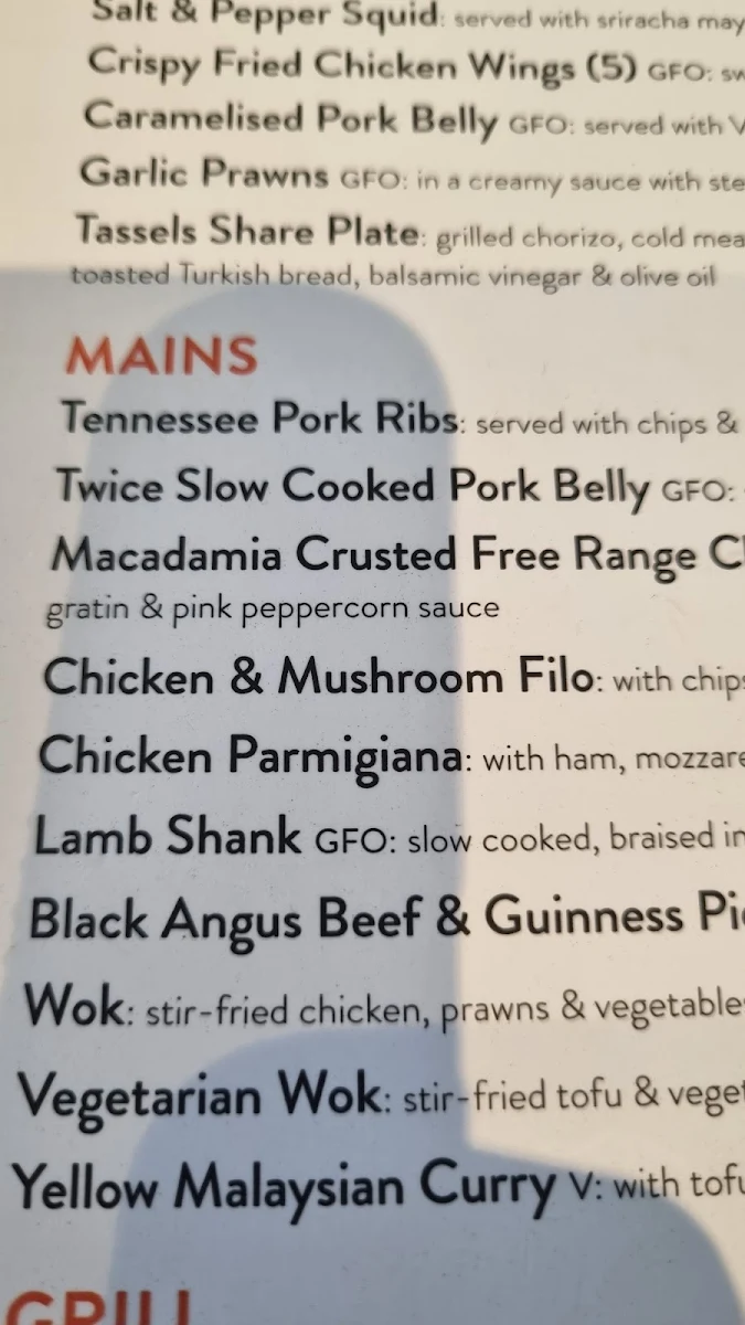 Menu, Tassels Place Bar and Bistro