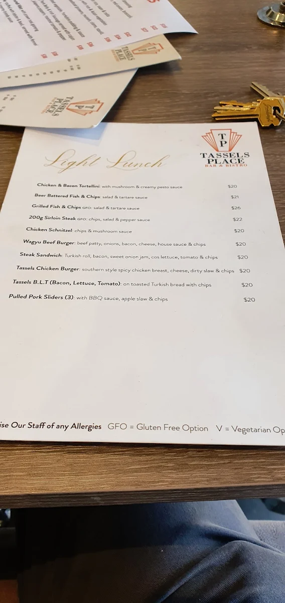 Menu, Tassels Place Bar and Bistro