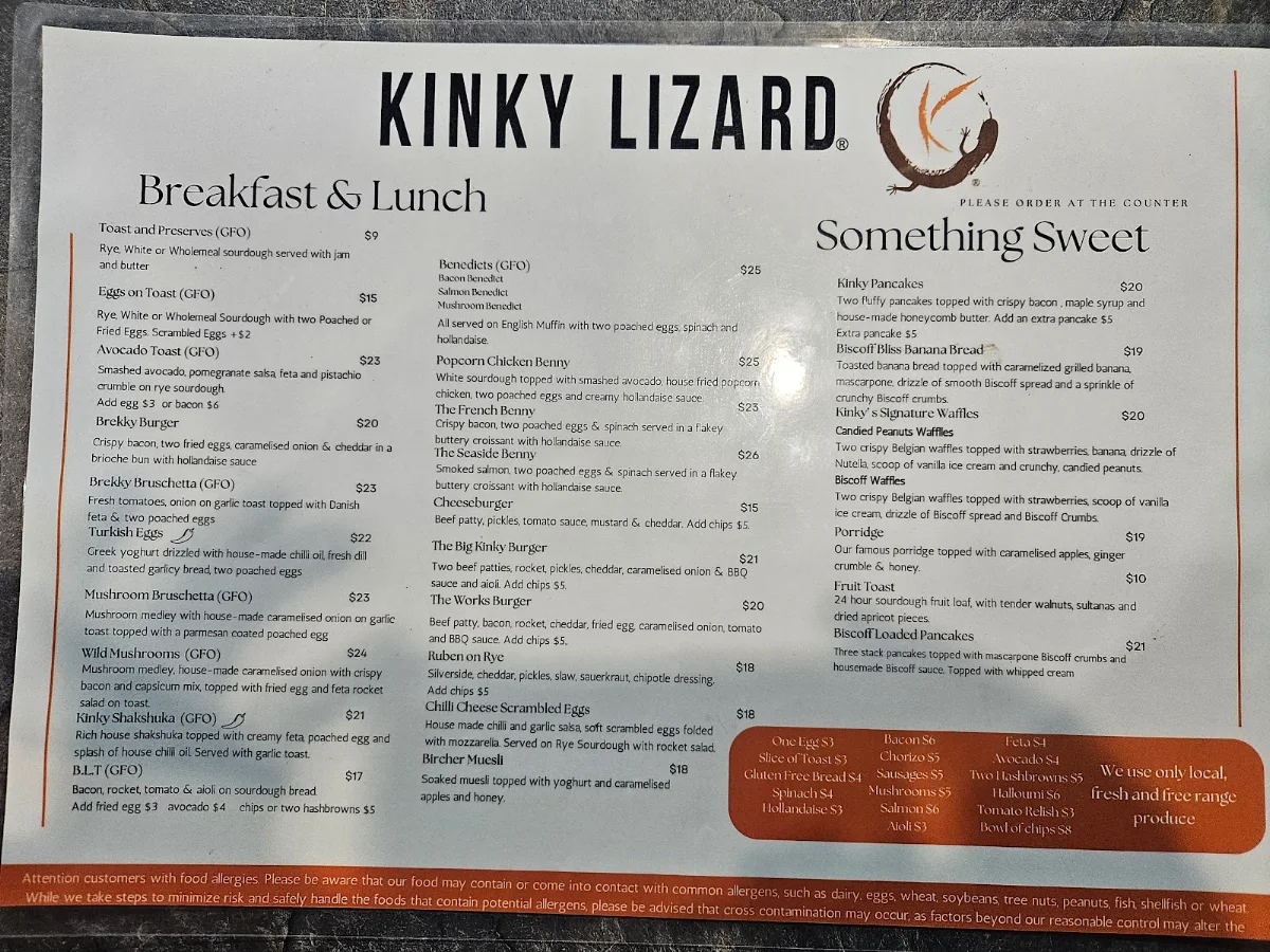 Menu, Kinky Lizard Cafe Barrack st