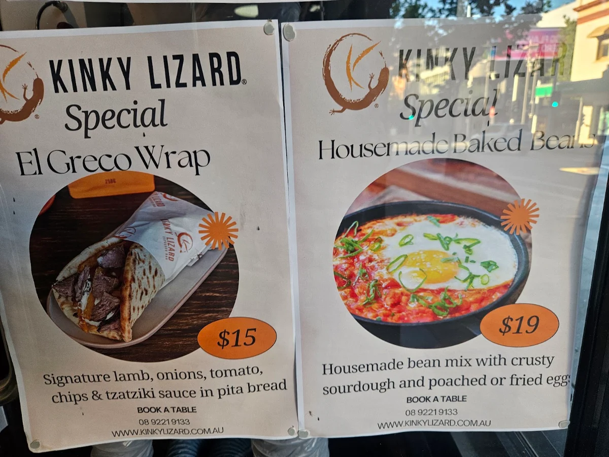 Menu, Kinky Lizard Cafe Barrack st