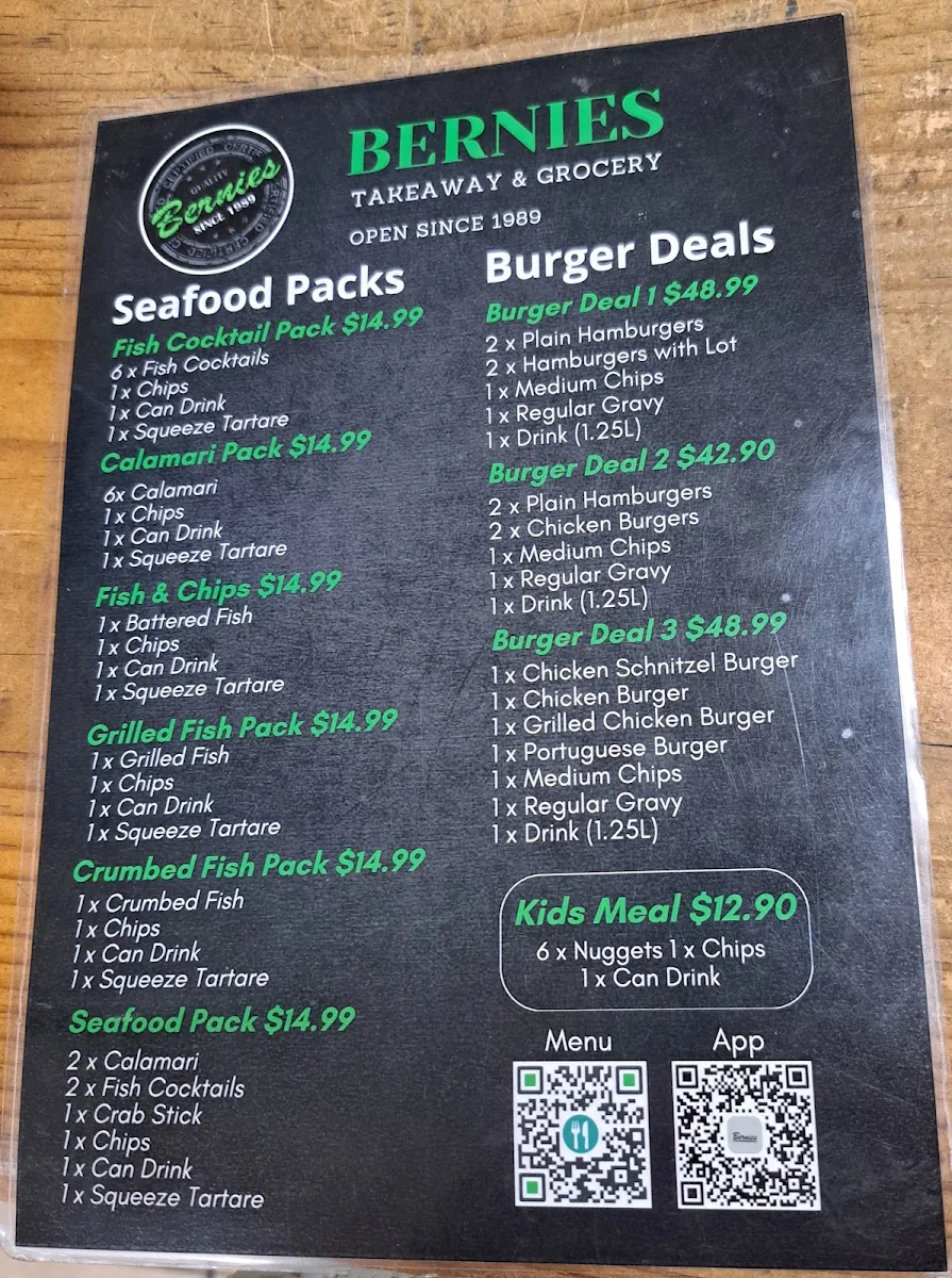 Menu, Bernie's Takeaway