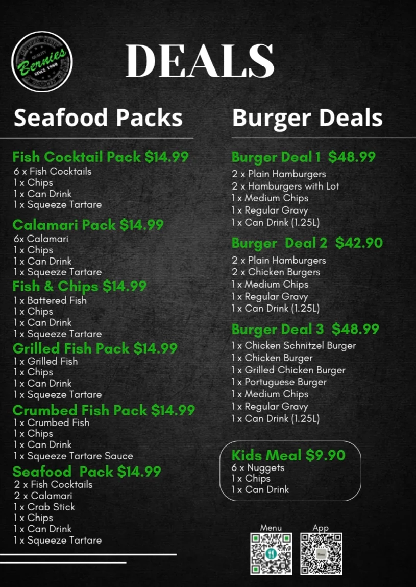 Menu, Bernie's Takeaway