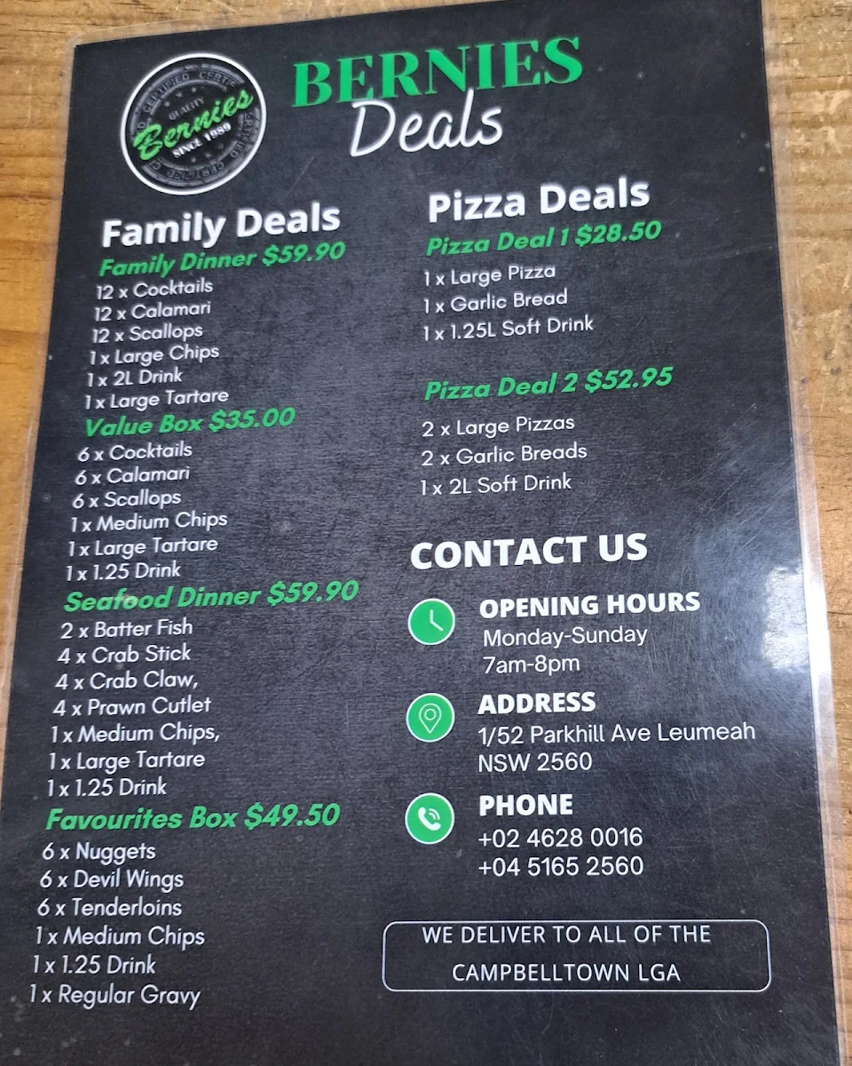 Menu, Bernie's Takeaway