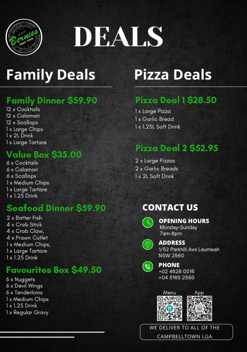 Menu, Bernie's Takeaway