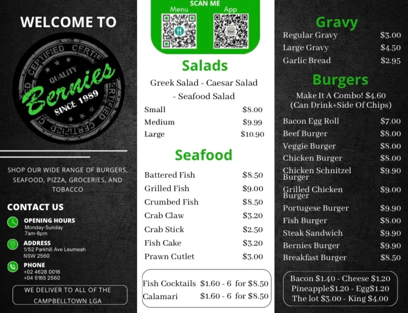 Menu, Bernie's Takeaway