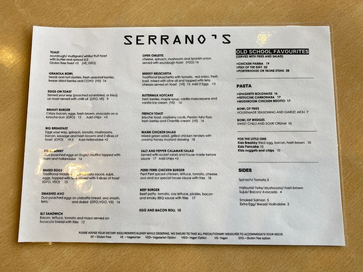 Menu, Serrano's Cafe