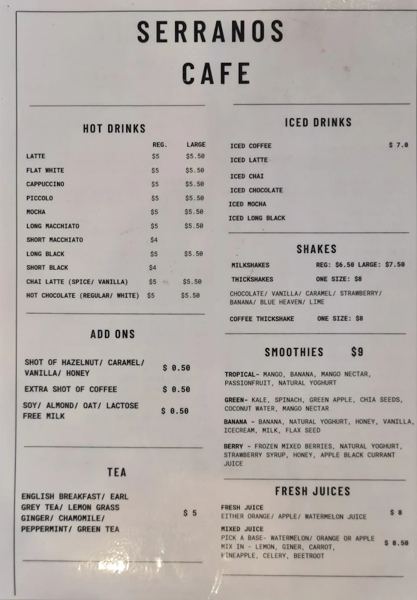 Menu, Serrano's Cafe
