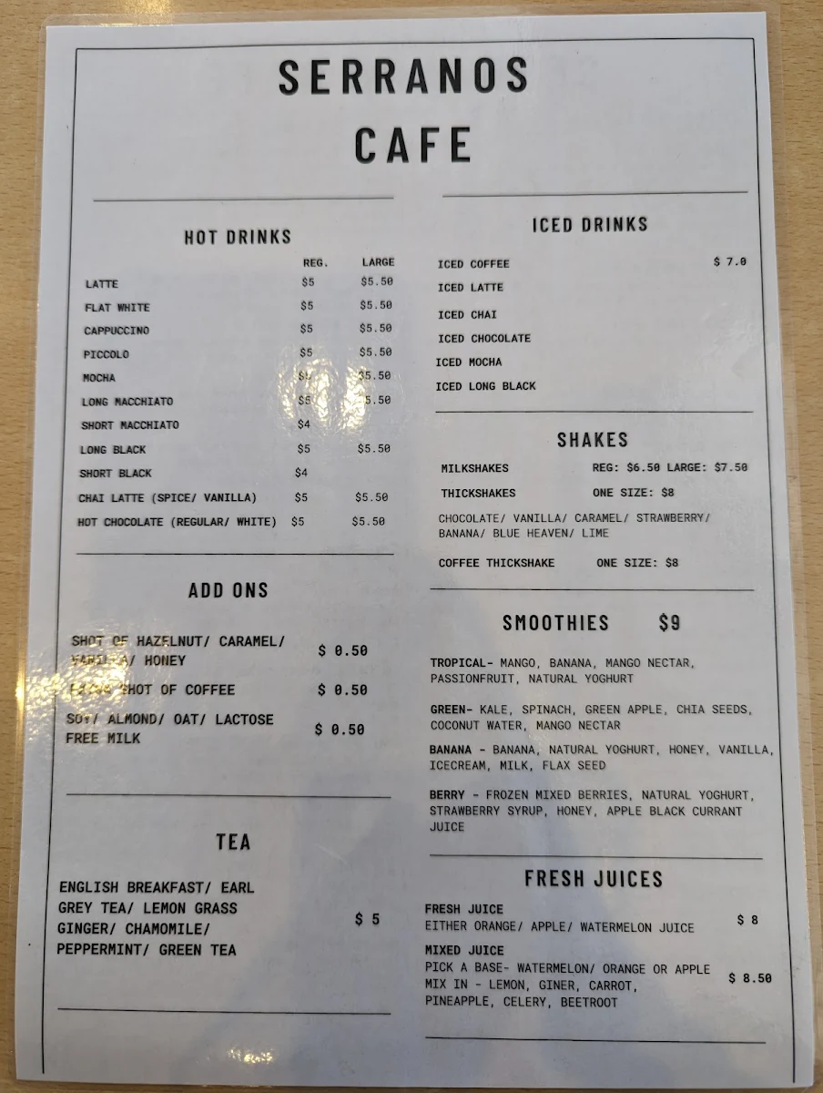 Menu, Serrano's Cafe
