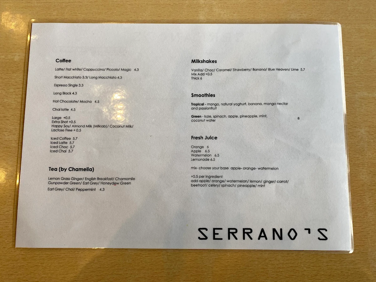 Menu, Serrano's Cafe