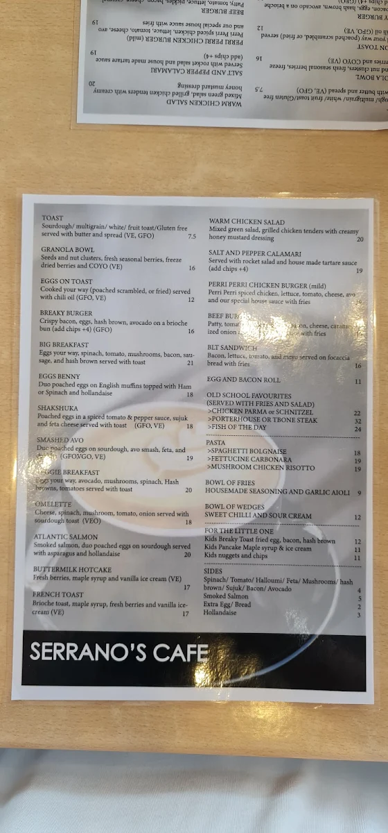 Menu, Serrano's Cafe