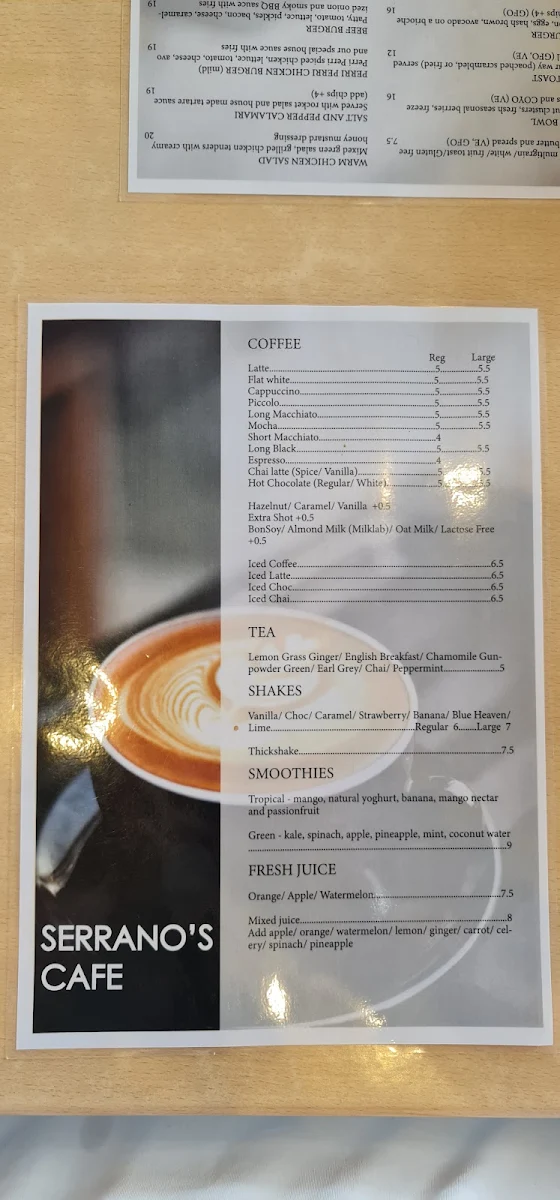 Menu, Serrano's Cafe