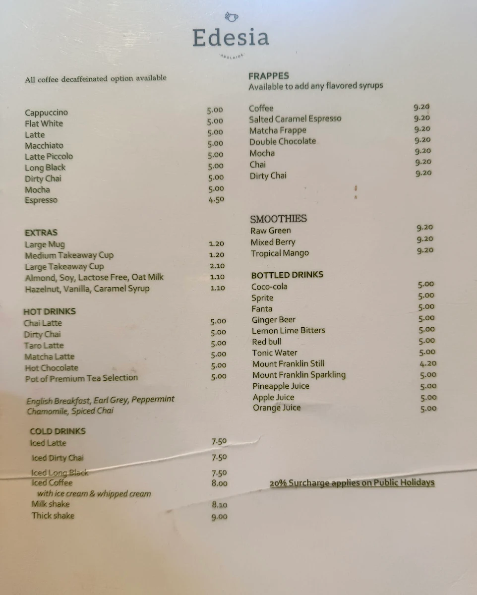 Menu, Edesia Adelaide