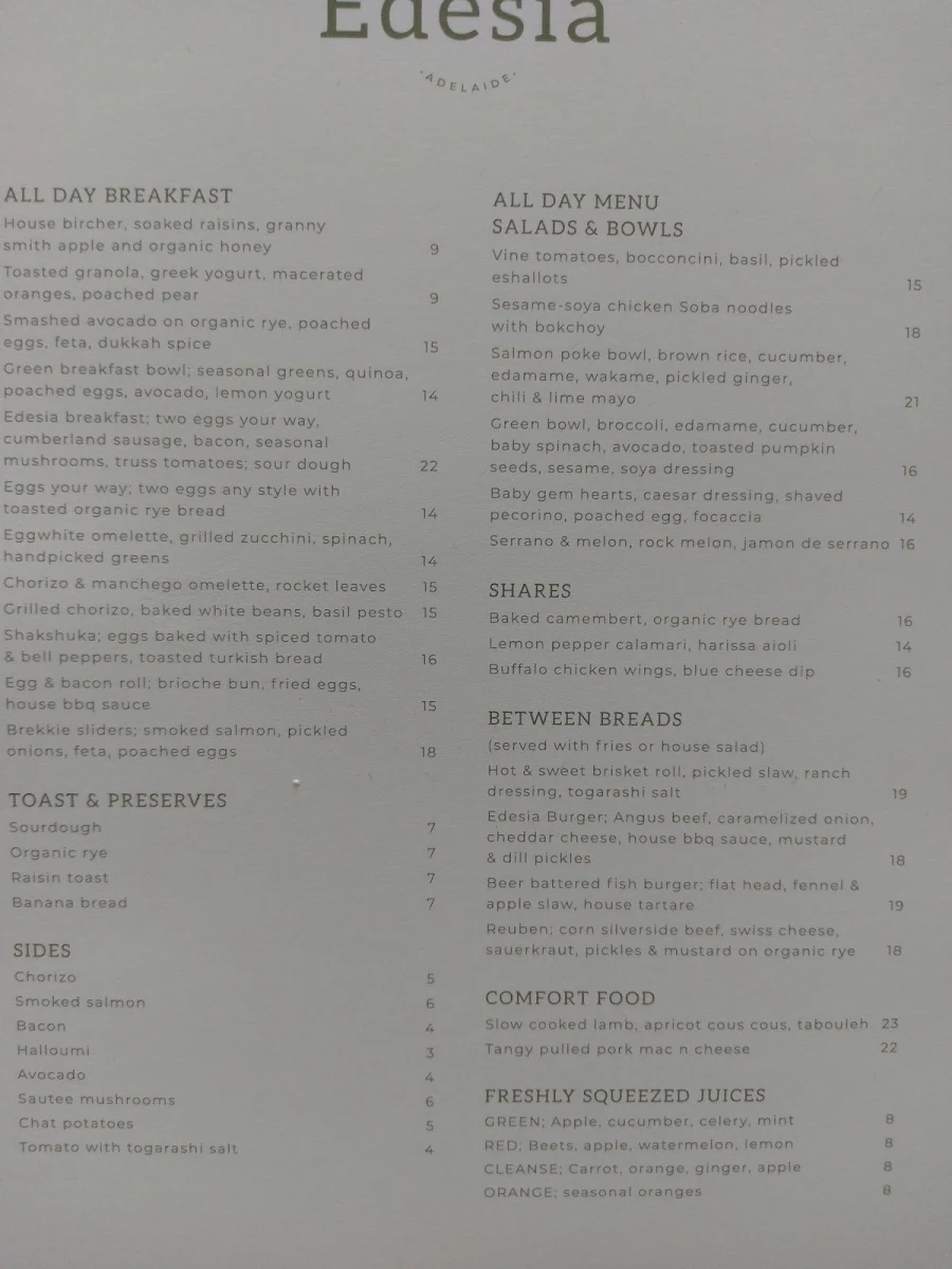 Menu, Edesia Adelaide
