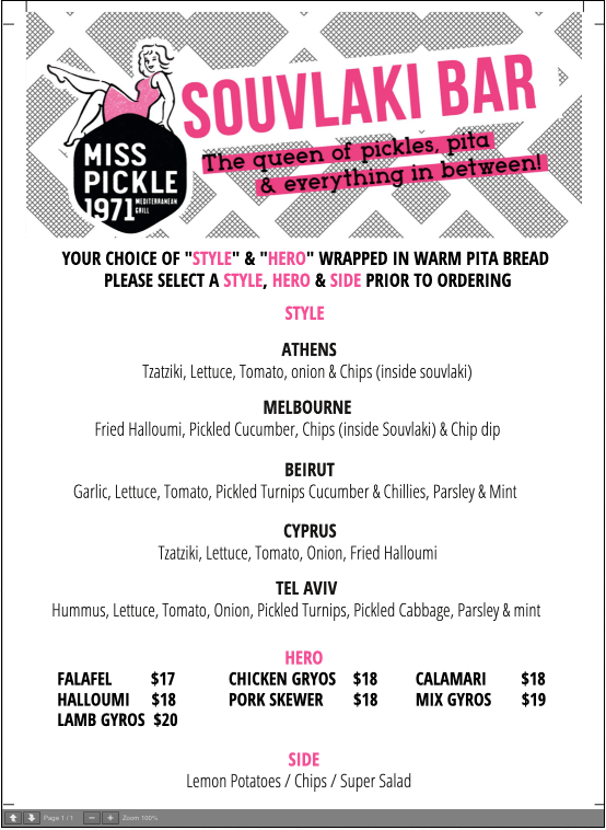 Menu, Miss Pickle 1971 Restaurant Point Cook