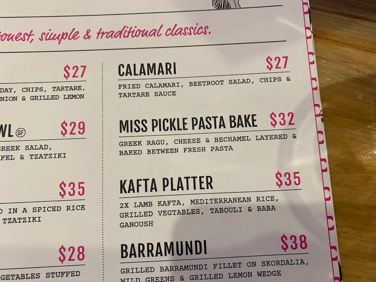 Menu, Miss Pickle 1971 Restaurant Point Cook