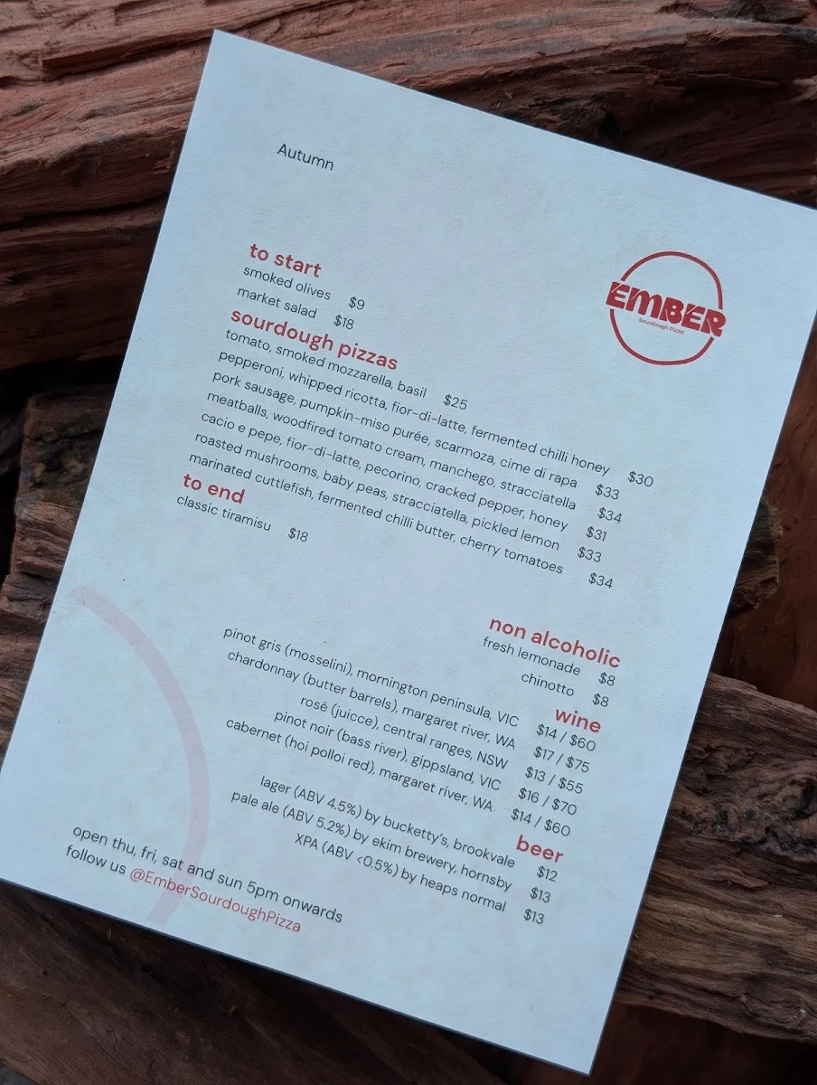 Menu, Ember Sourdough Pizza