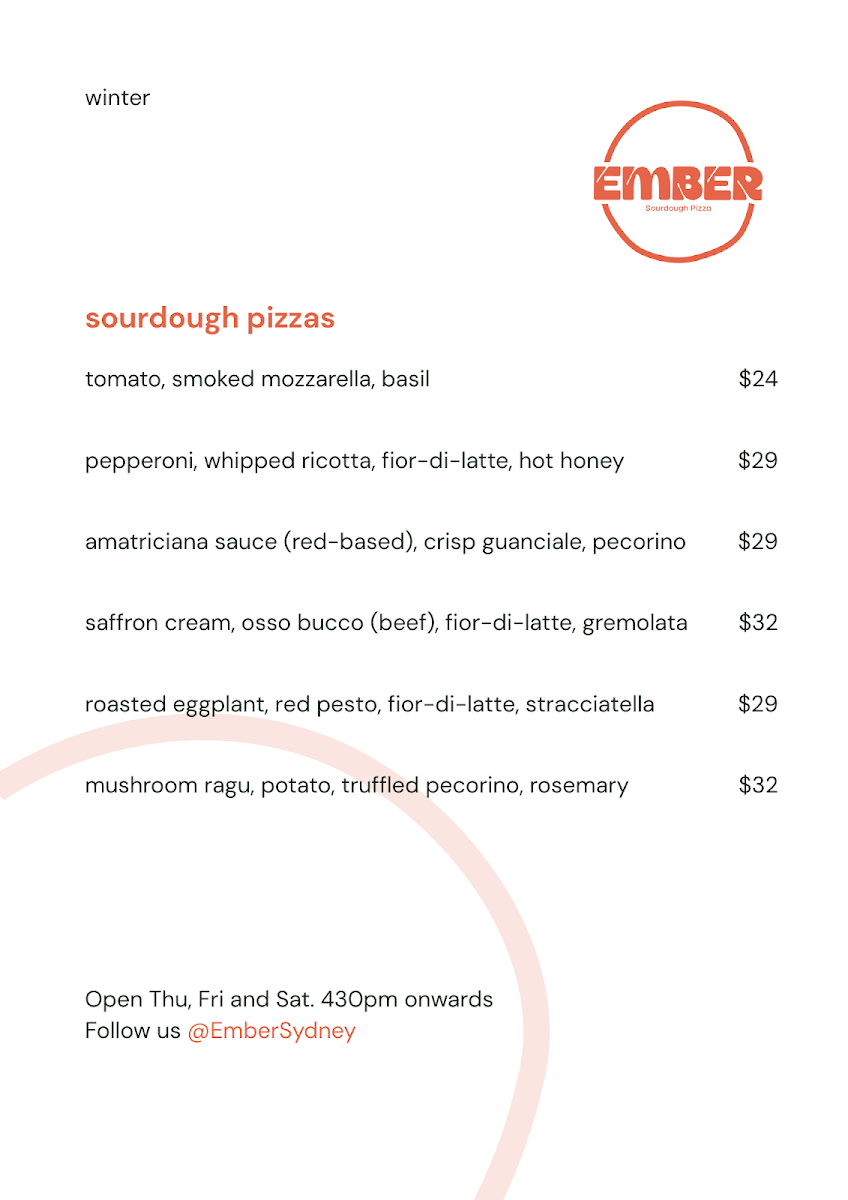 Menu, Ember Sourdough Pizza