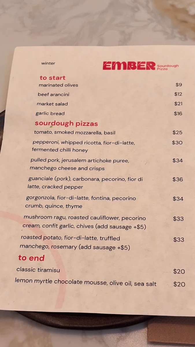 Menu, Ember Sourdough Pizza